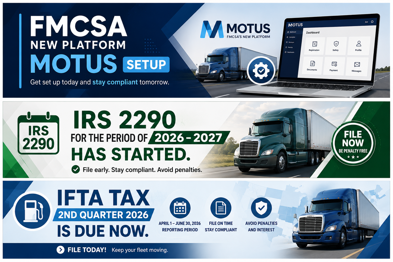 FMCSA MOTUS platform setup, IRS Form 2290 for 2026–2027 has started, and IFTA tax 2nd quarter 2026 is due now. Tap to chat with us on WhatsApp.